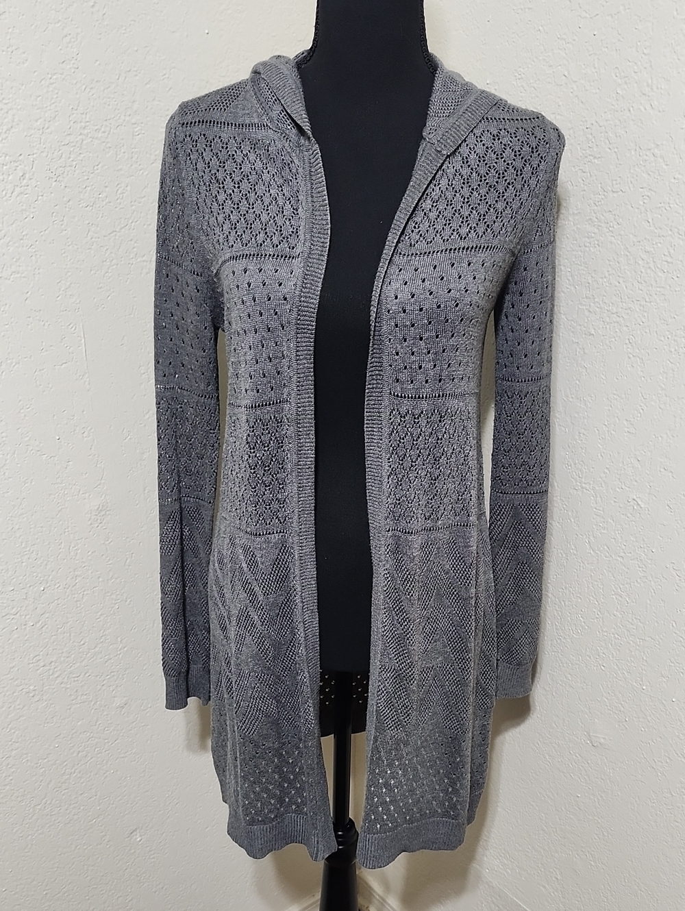 Pink Rose Gray Hooded Pointelle Open Front Cardigan Sweater Sz L Bella Swan